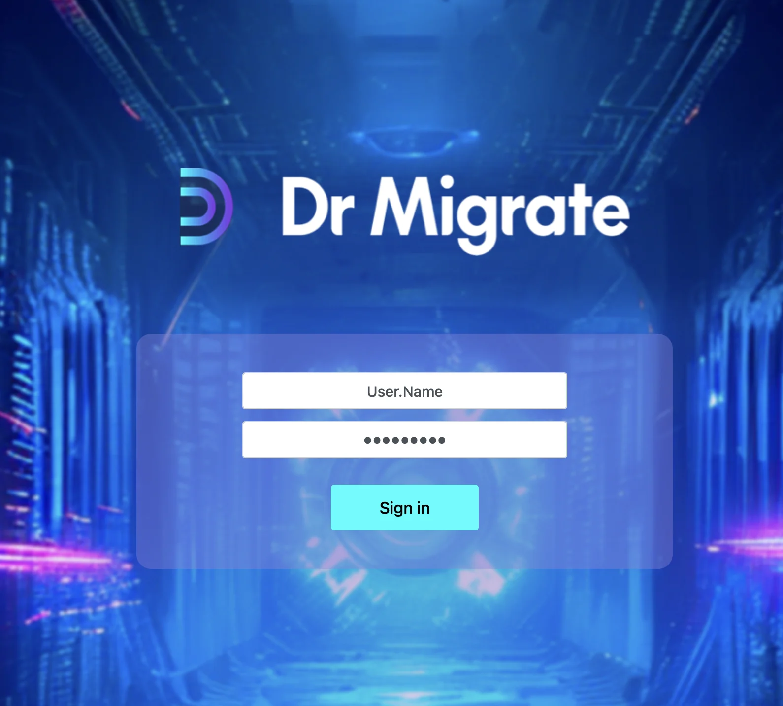 Dr Migrate login screen showing the application interface