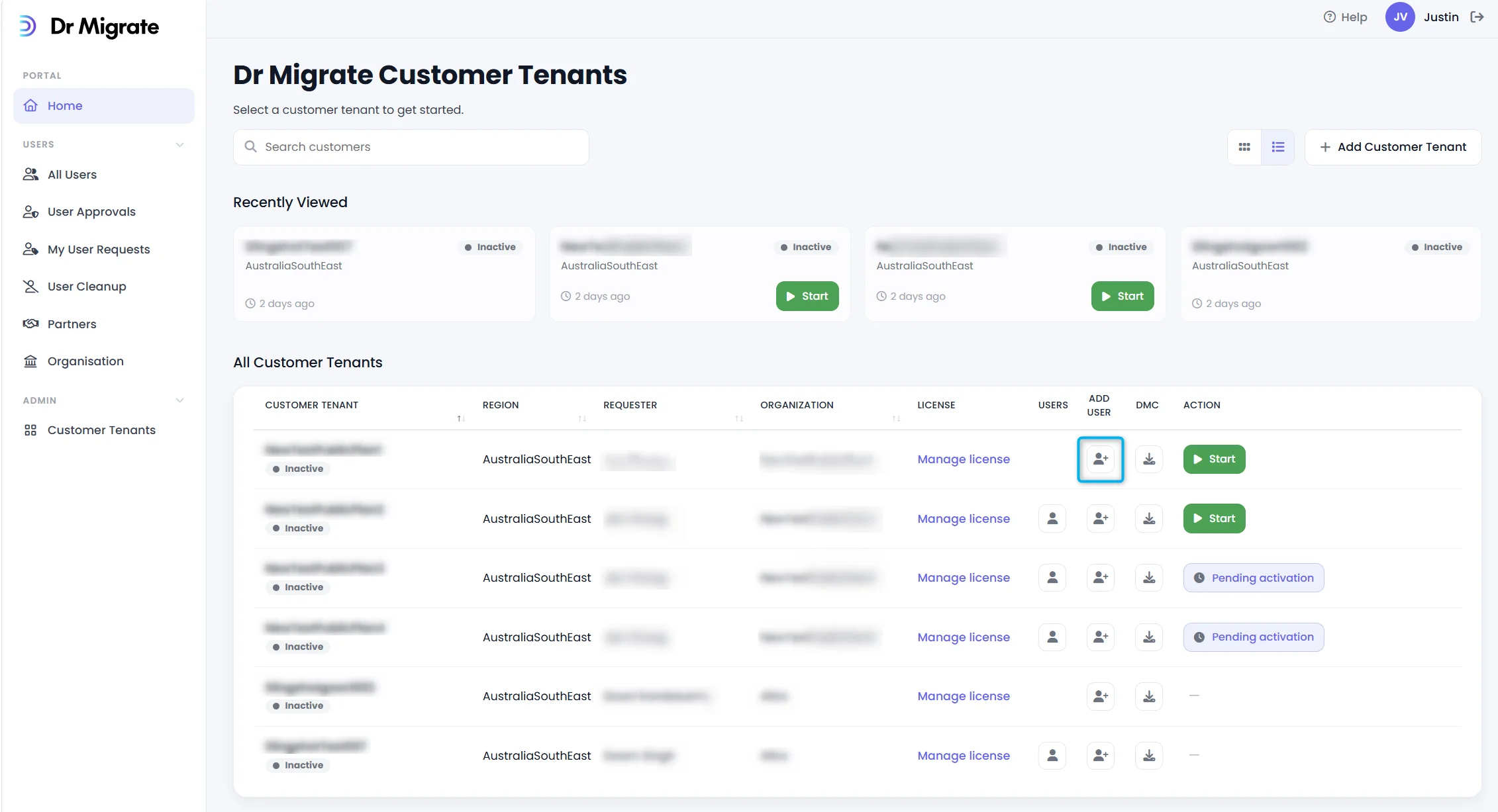 Dr Migrate Cloud Platform Customer Tenants list with Add User button highlighted