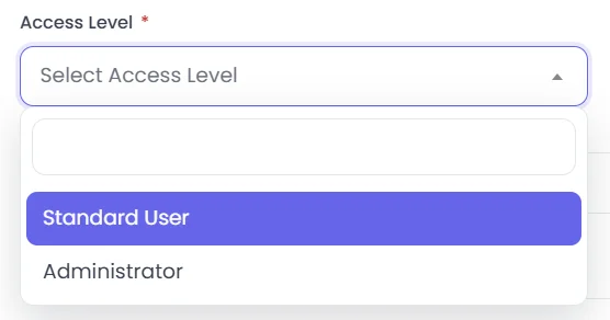 Access Level dropdown showing Standard User and Administrator options