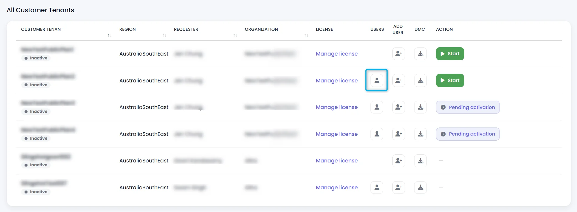 Customer Tenants table with the Users icon highlighted