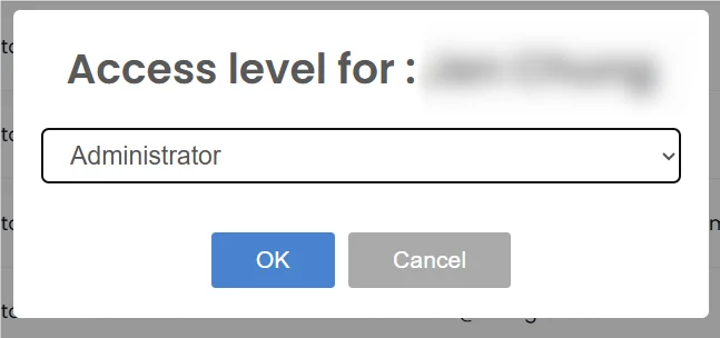 Access level dialog for a user showing Administrator and Standard User options