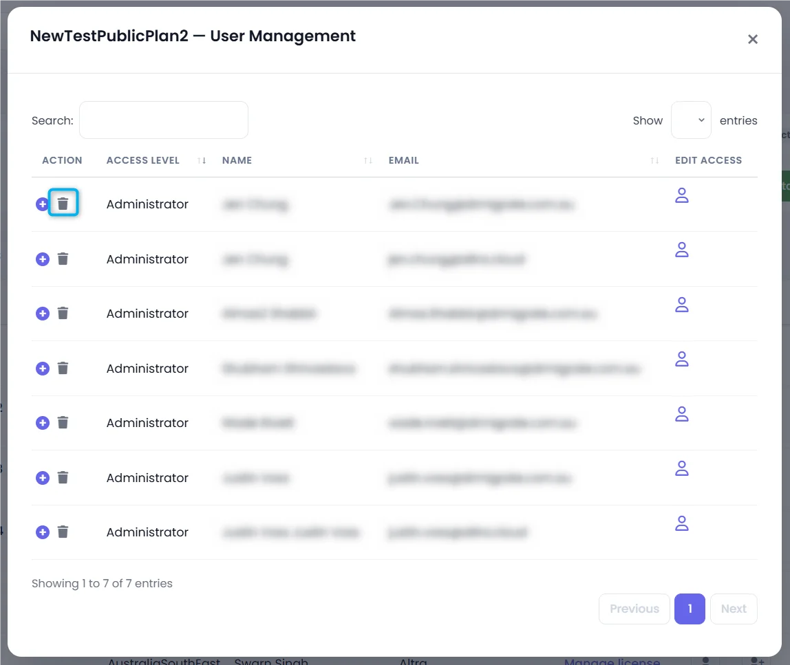 User Management dialog with the delete icon highlighted next to a user