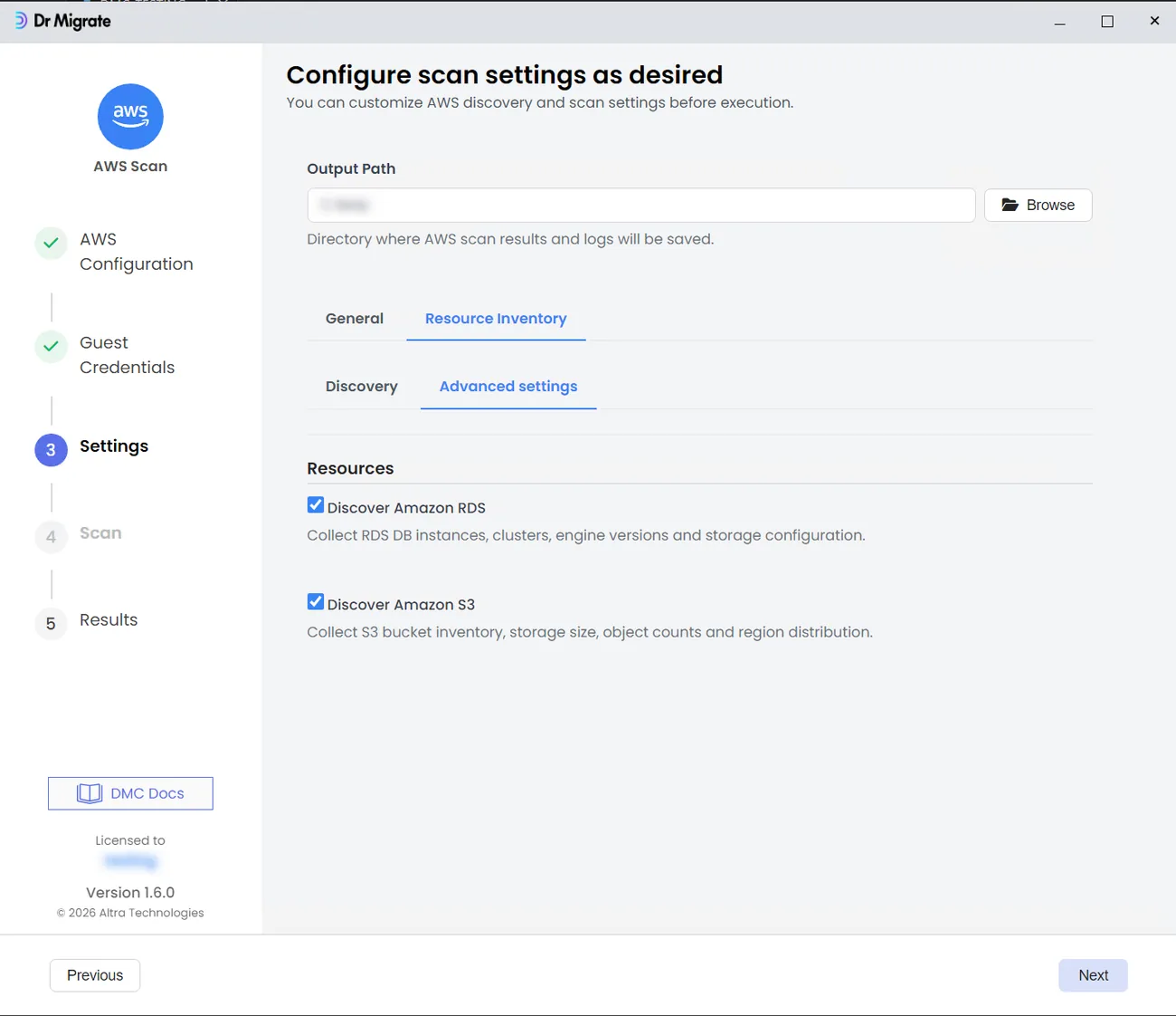 Advanced settings for the Resources collector showing Discover Amazon RDS and Discover Amazon S3 options