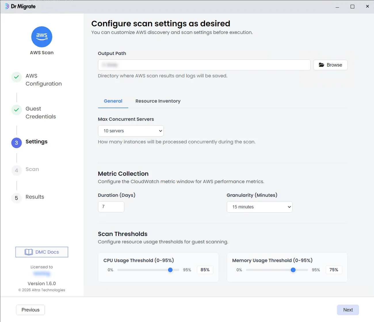 Settings step General tab showing output path, max concurrent servers, metric collection, and scan thresholds