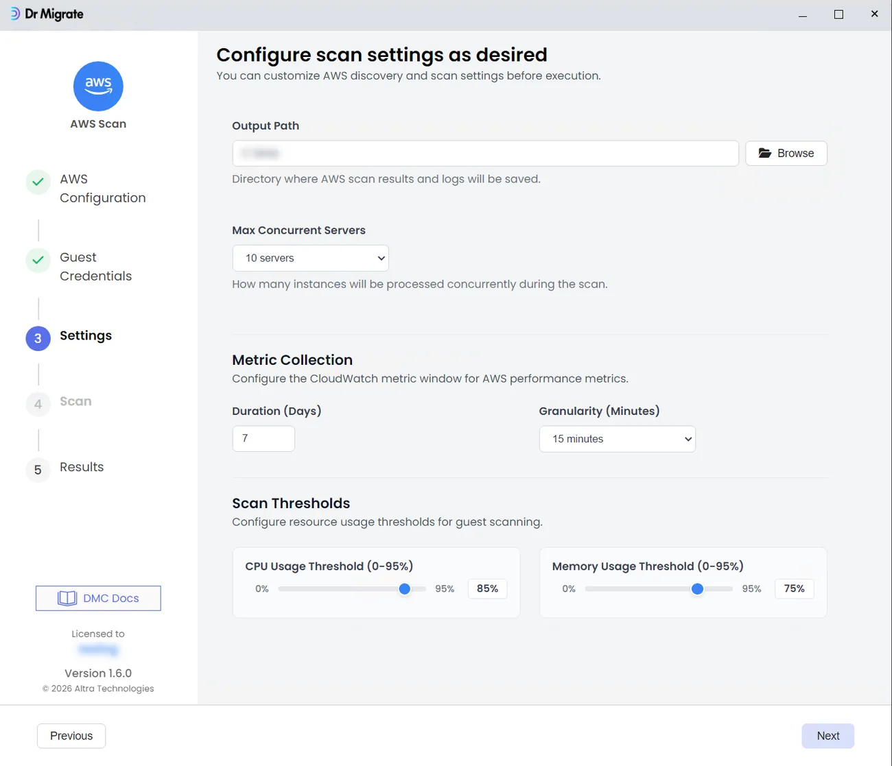 Settings step of the AWS scan wizard showing output path, max concurrent servers, metric collection, and scan thresholds