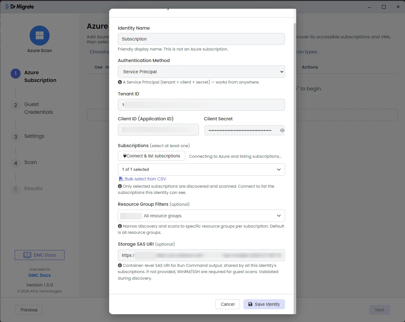 Add Azure Identity form showing SAS URI field and subscription list