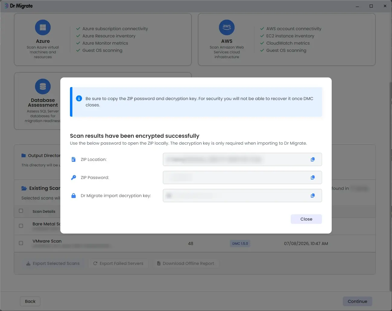 Export complete screen showing ZIP password and decryption key