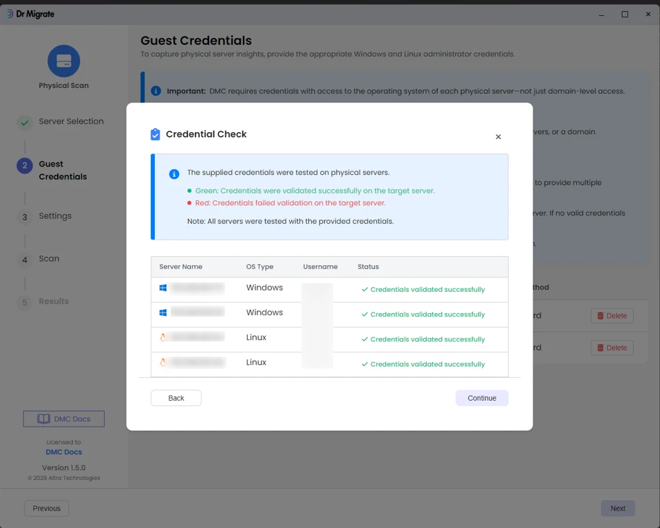 Credential Check modal showing validation results per server
