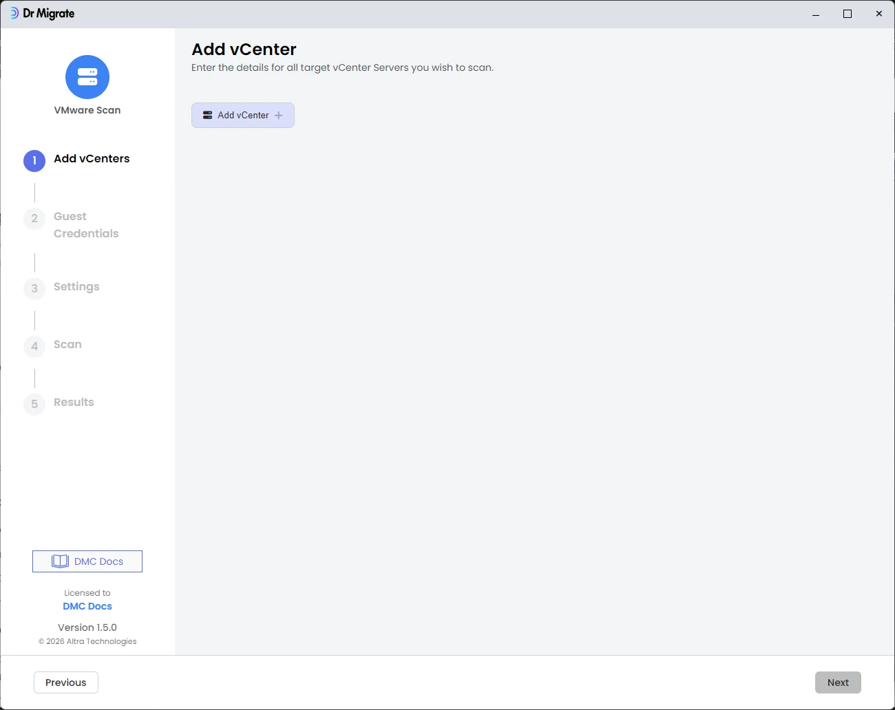 Add vCenter screen with empty connection details form