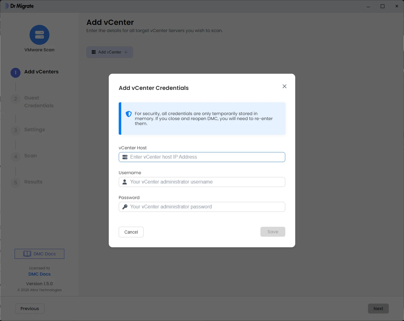 vCenter credentials form showing host, username and password fields