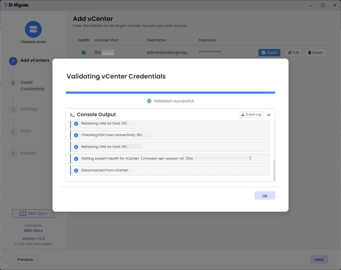 vCenter connection report showing all checks passed