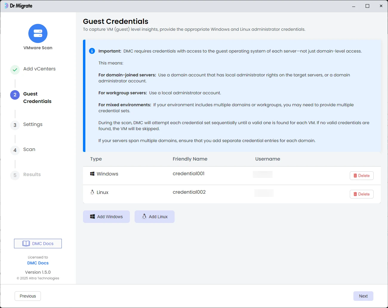 Guest credentials list showing added credential entries