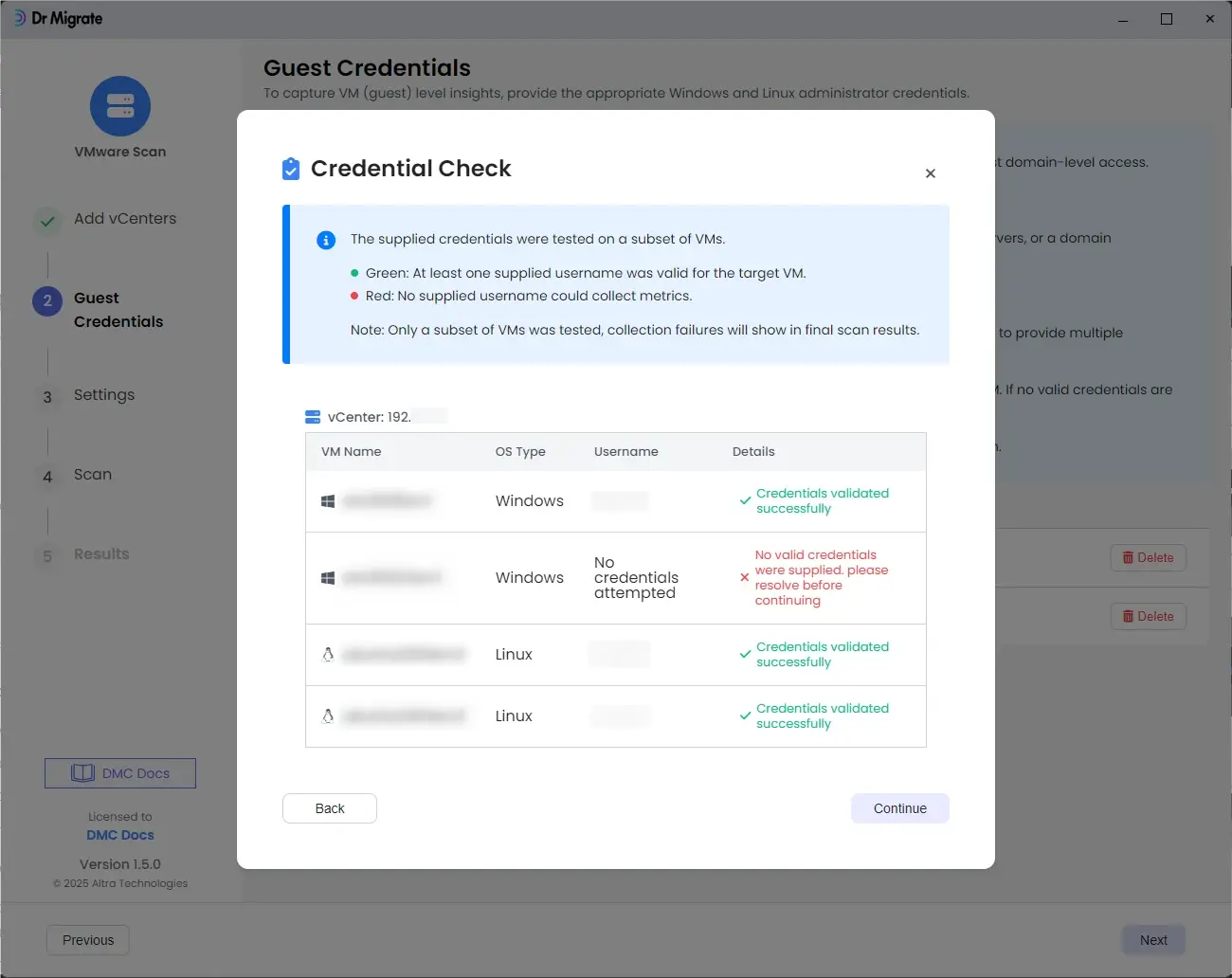 Credential Check modal showing validation results per server