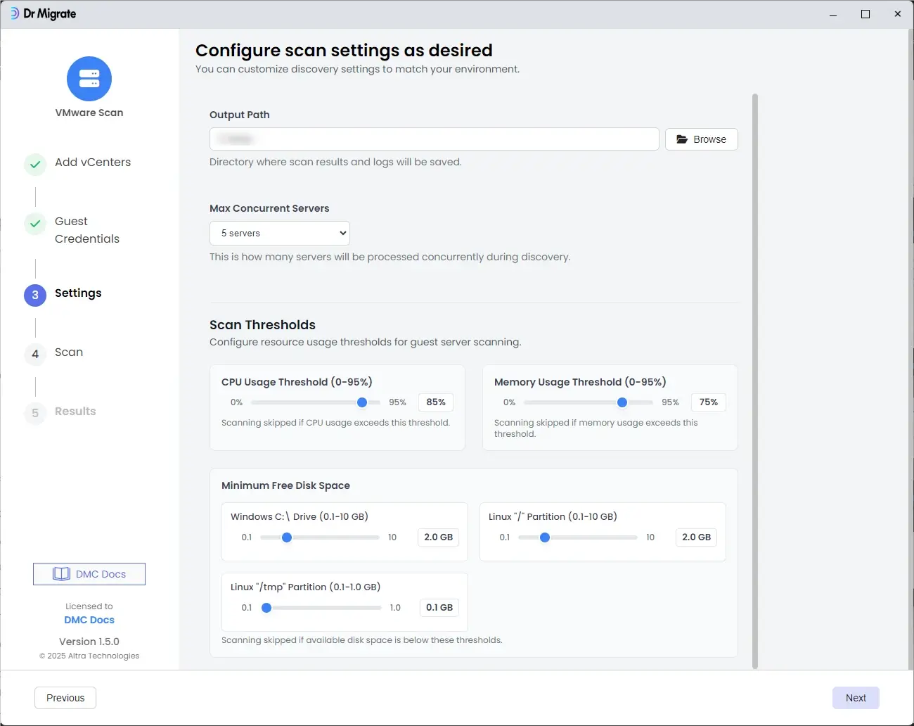 DMC Settings screen showing scan threshold configuration