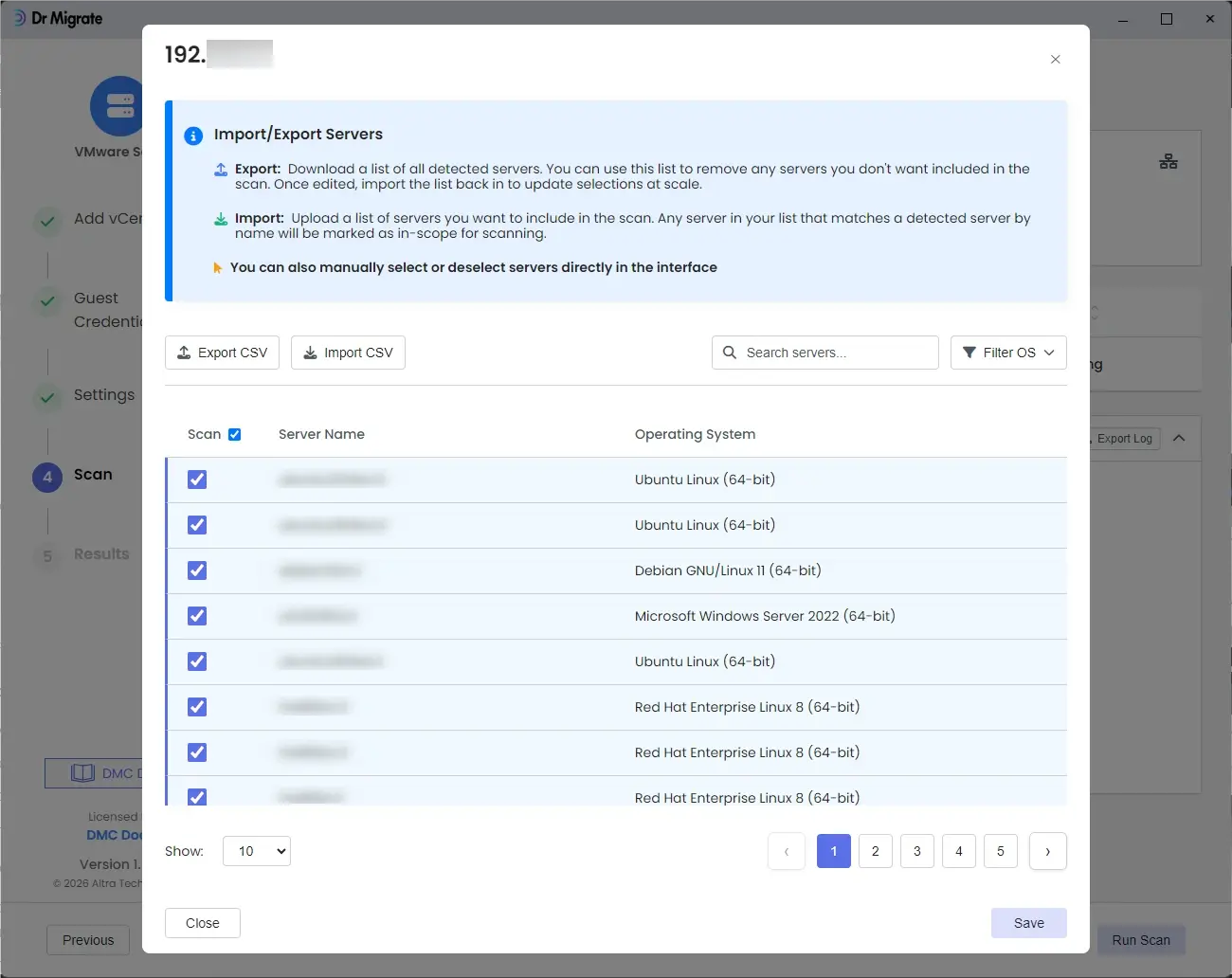 Import and Export CSV modal dialog