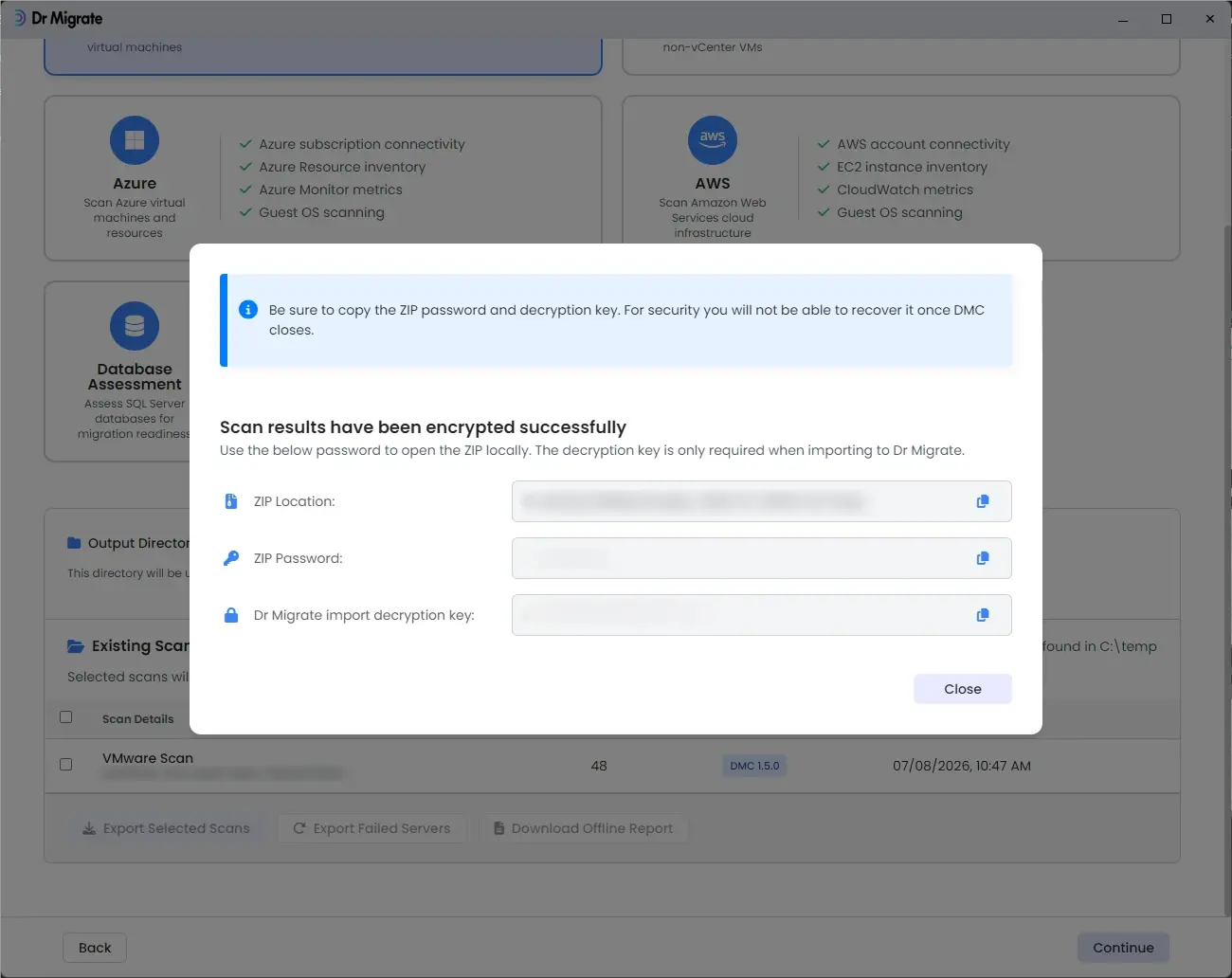 Export complete screen showing ZIP password and decryption key