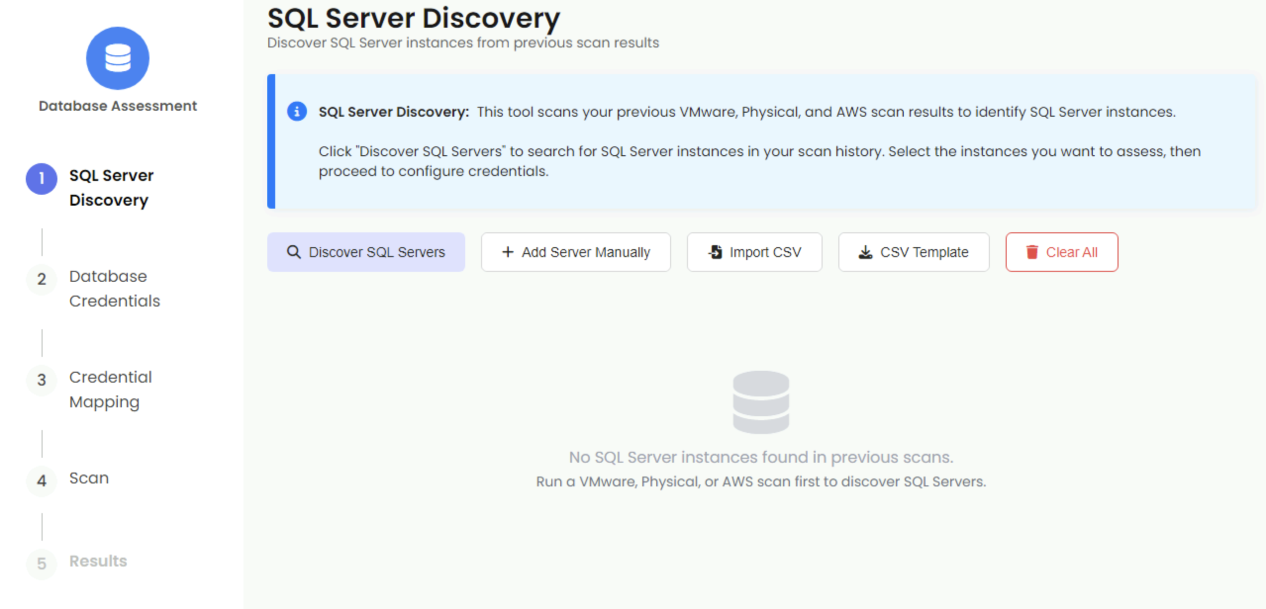 SQL Server Discovery screen showing discovered servers and action buttons