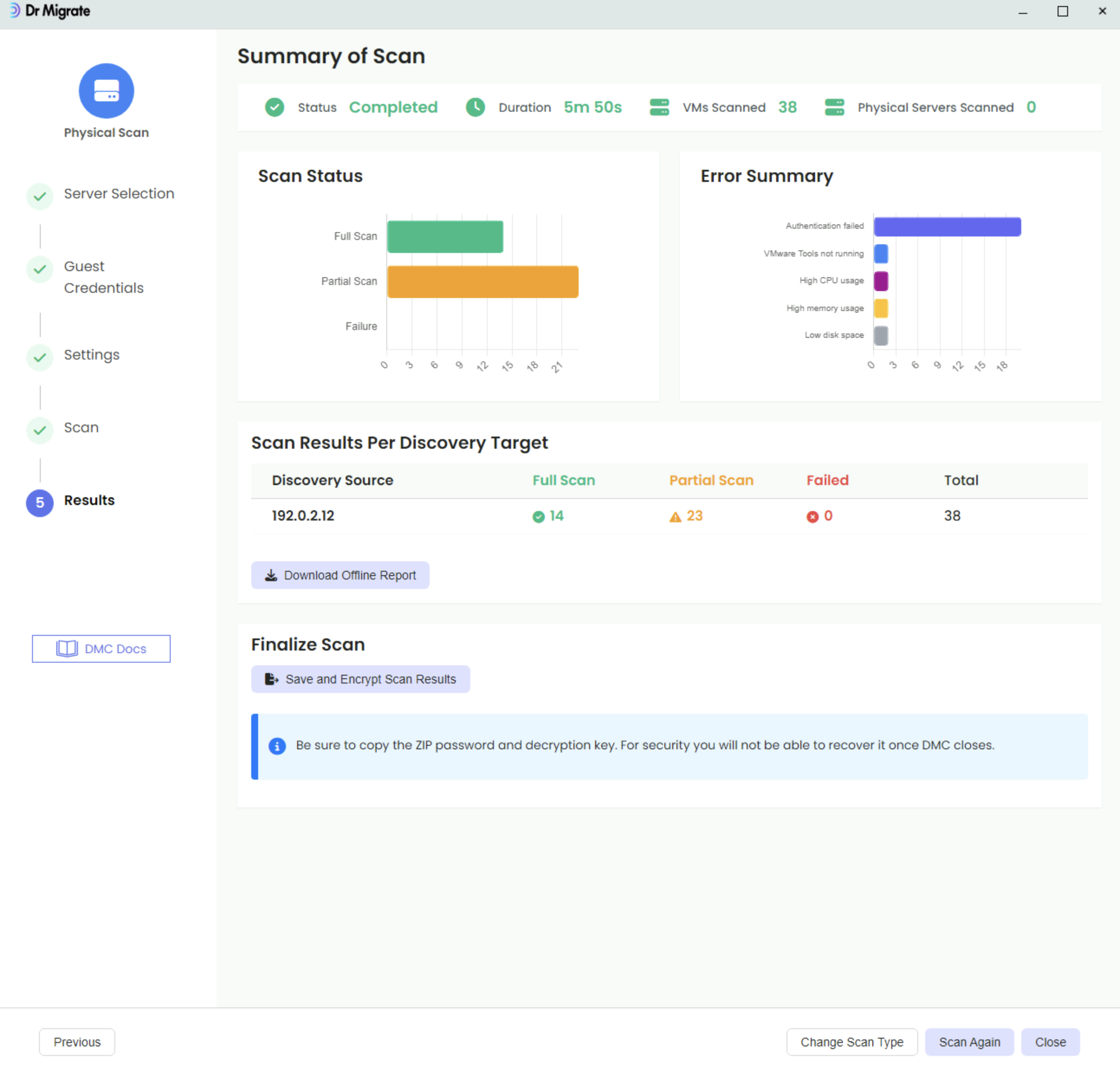 DMC Scan Summary screen showing collection results and error breakdown
