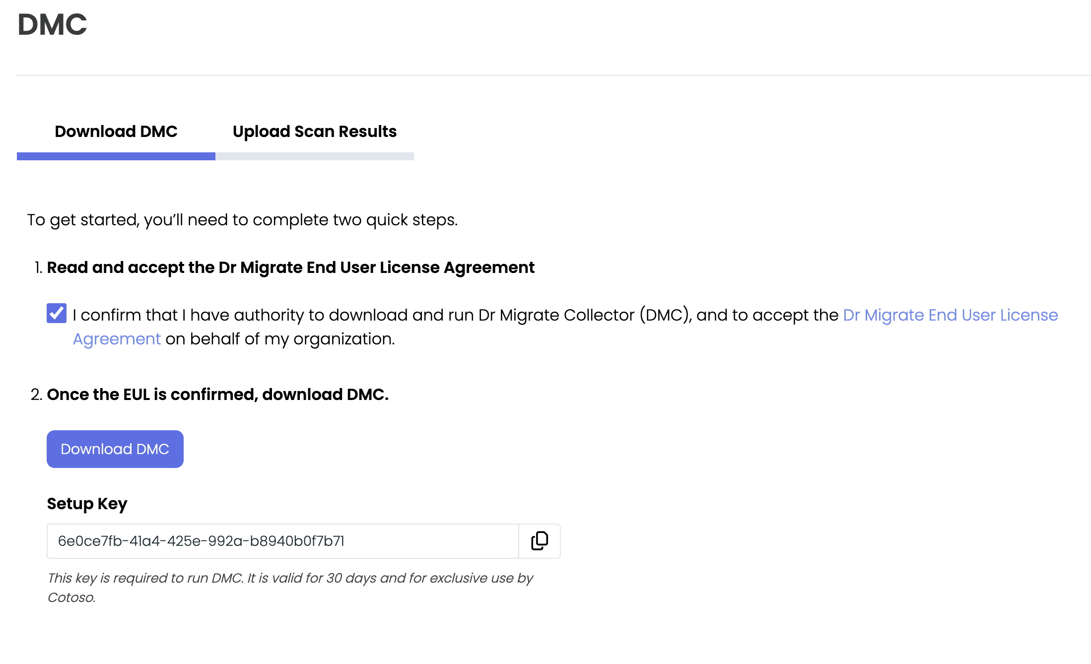 Dr Migrate UI showing the download DMC button and license key.