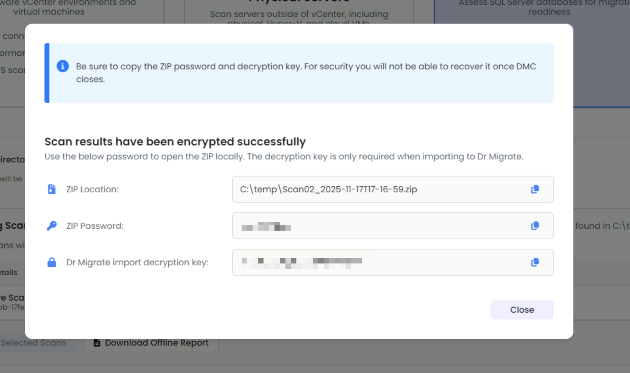 Export Selected Scans button and export modal on the scan target selection screen