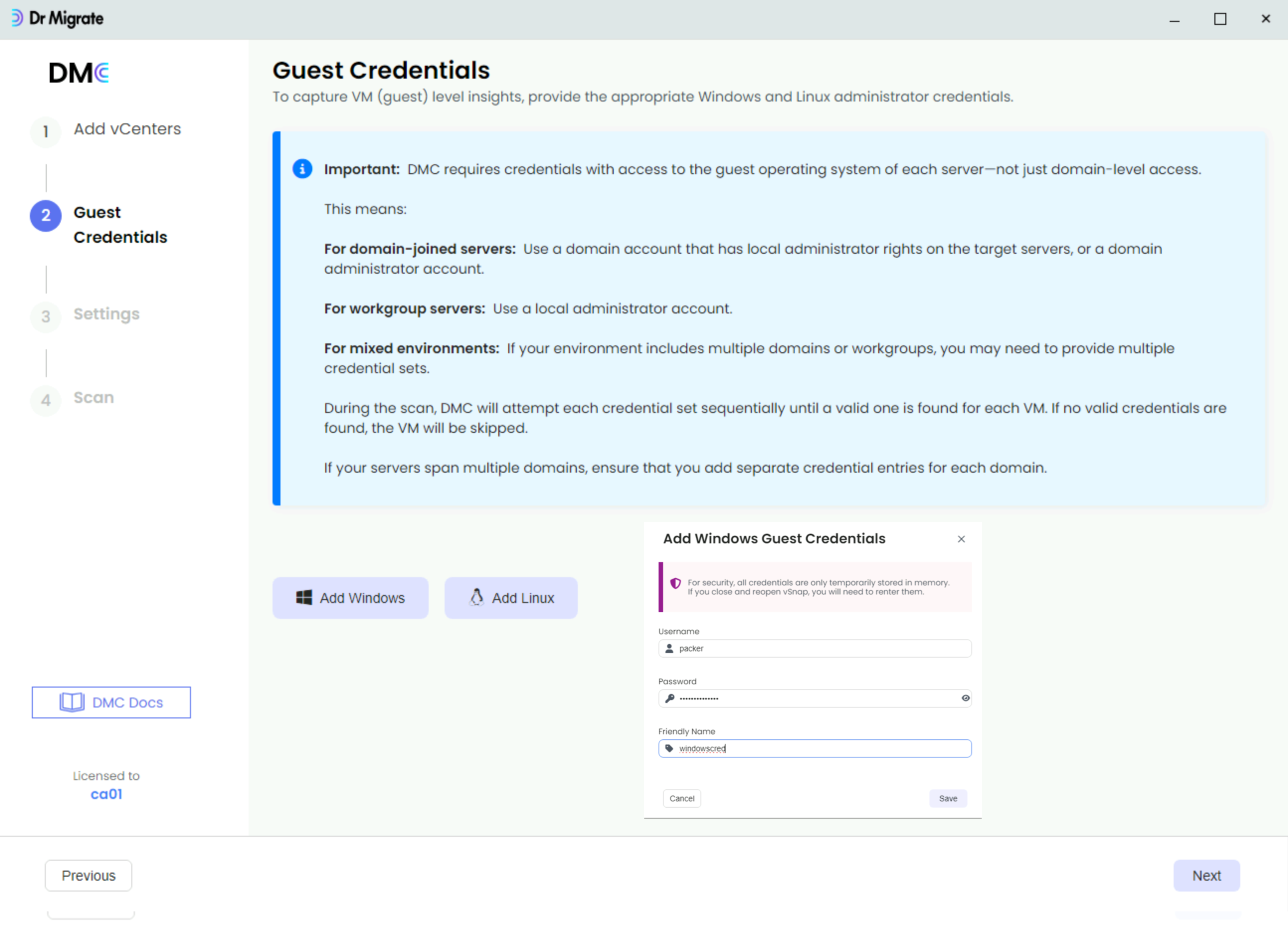 DMC interface showing the Add Windows and Add Linux credential buttons, along with forms for entering guest operating system credentials