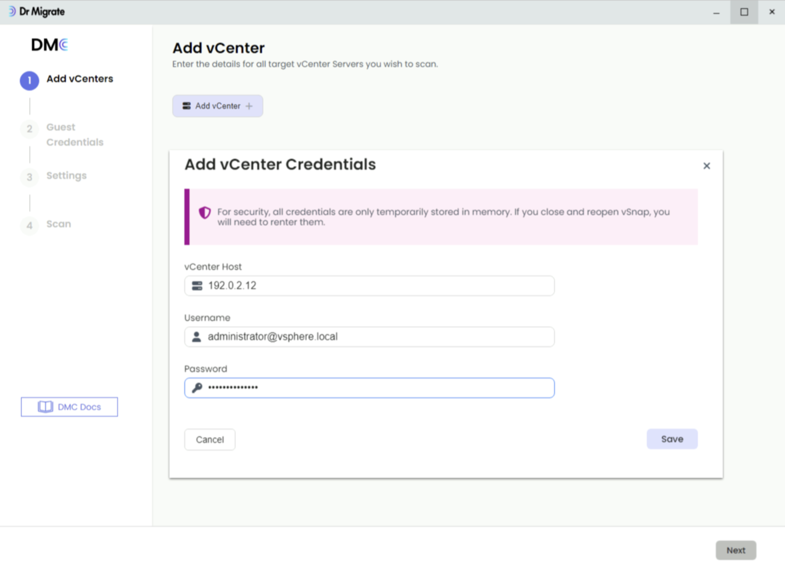 DMC interface showing the Add vCenter button and form for entering vCenter connection details including host, username, and password fields