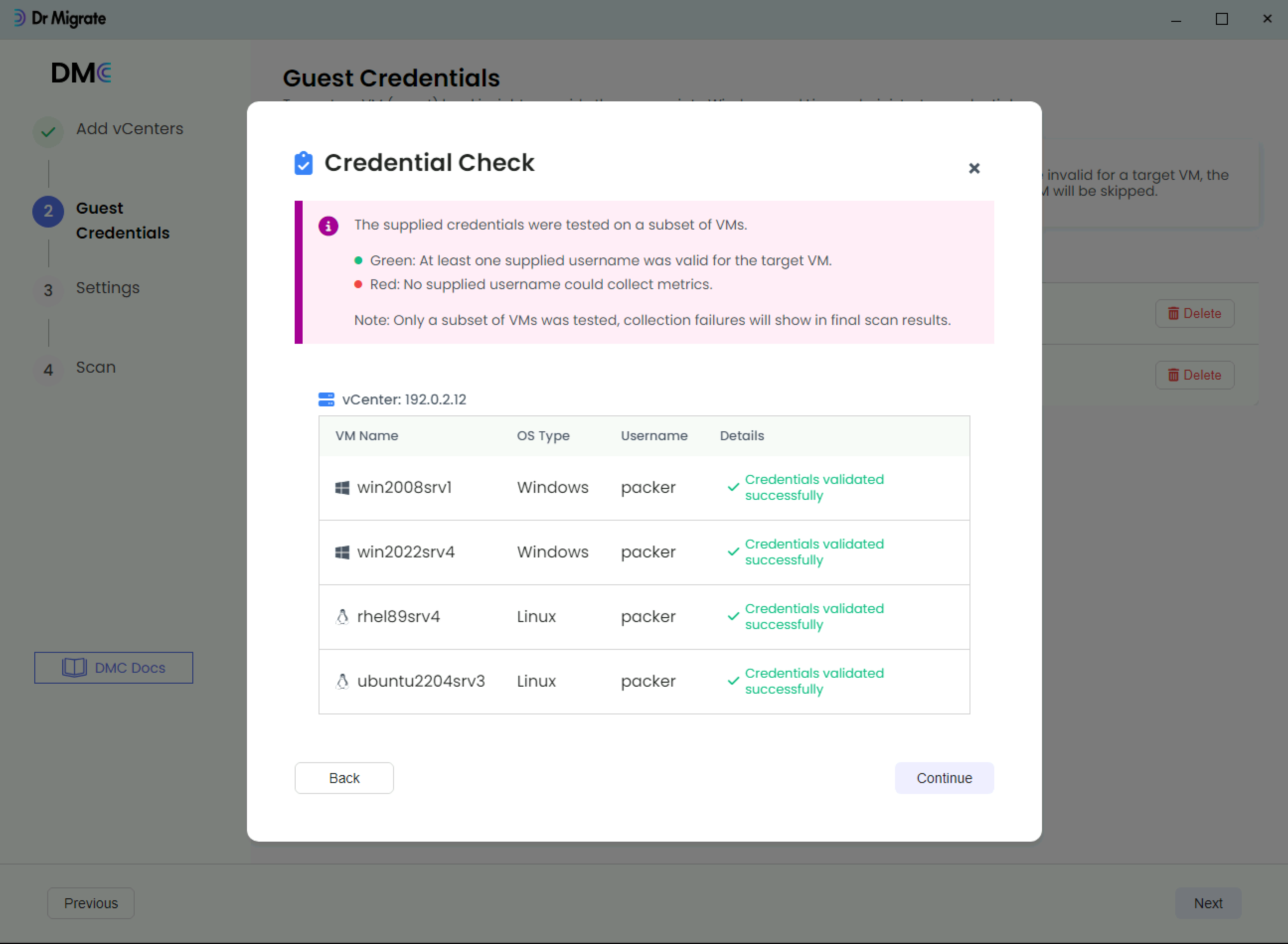 DMC credential validation screen showing the status of Windows and Linux credential verification across servers