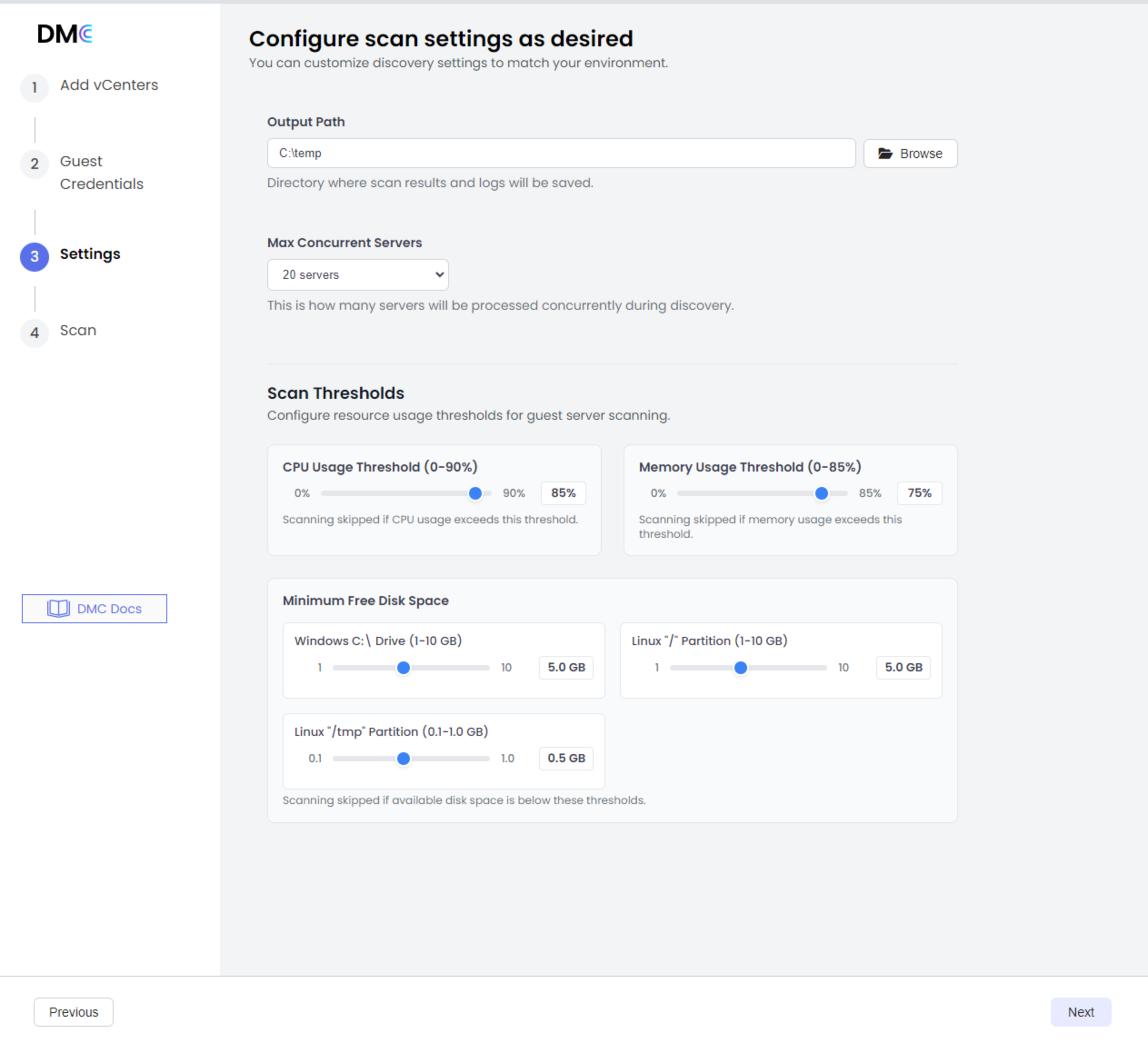 DMC settings configuration screen with options for output path, concurrent servers, CPU and memory usage thresholds, and minimum free disk space for Windows and Linux.