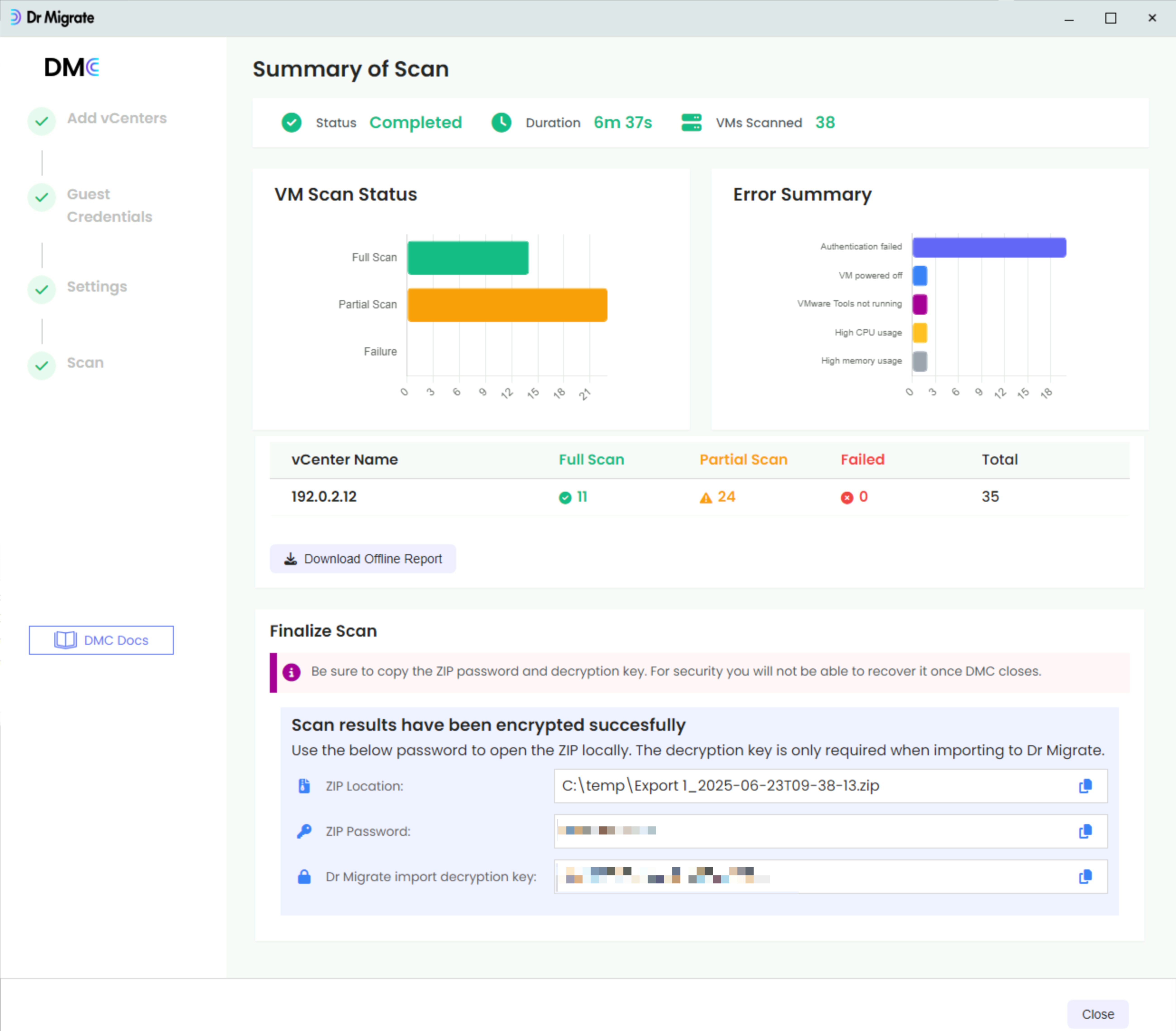 DMC scan results screen displaying the encryption details including ZIP password and decryption key fields