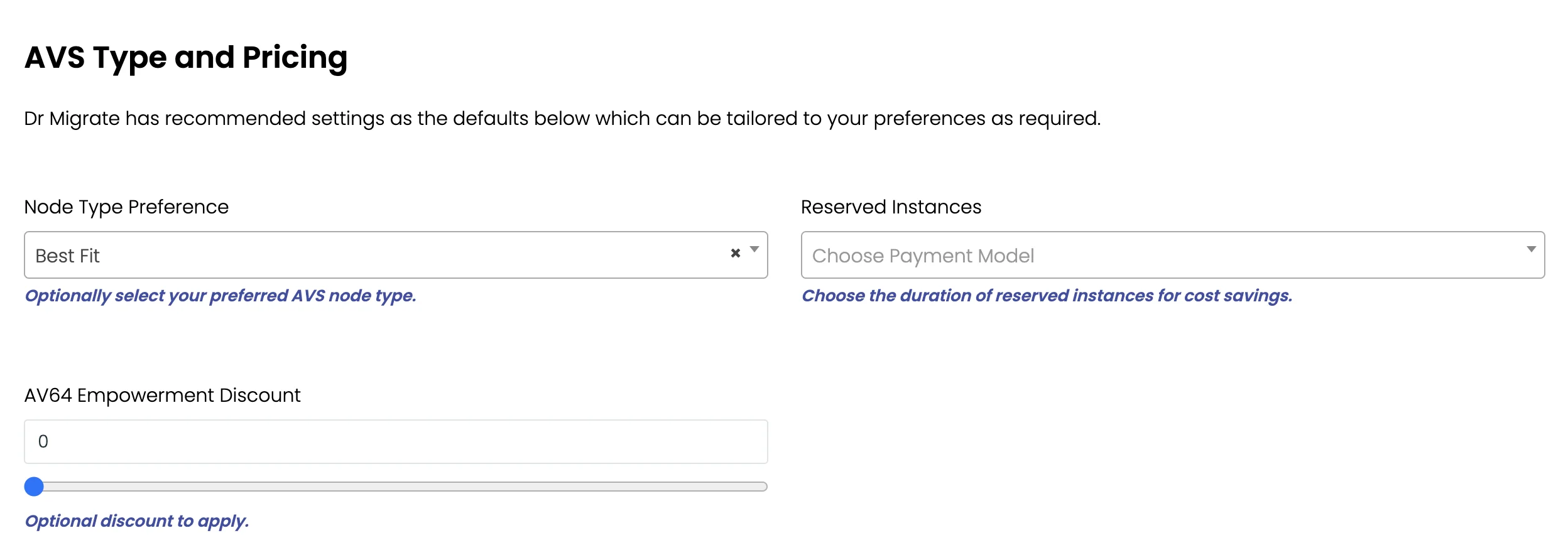 AVS type and pricing configuration panel with node type preference, reserved instances, and licensing options