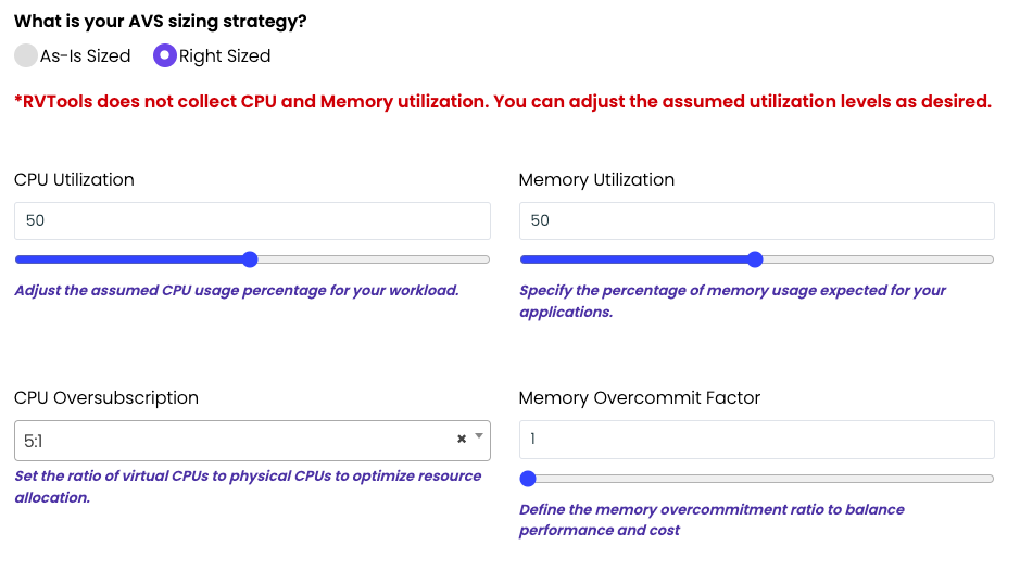 Compute and memory configuration panel with sliders for CPU utilization, memory utilization, CPU oversubscription, and memory overcommit factor