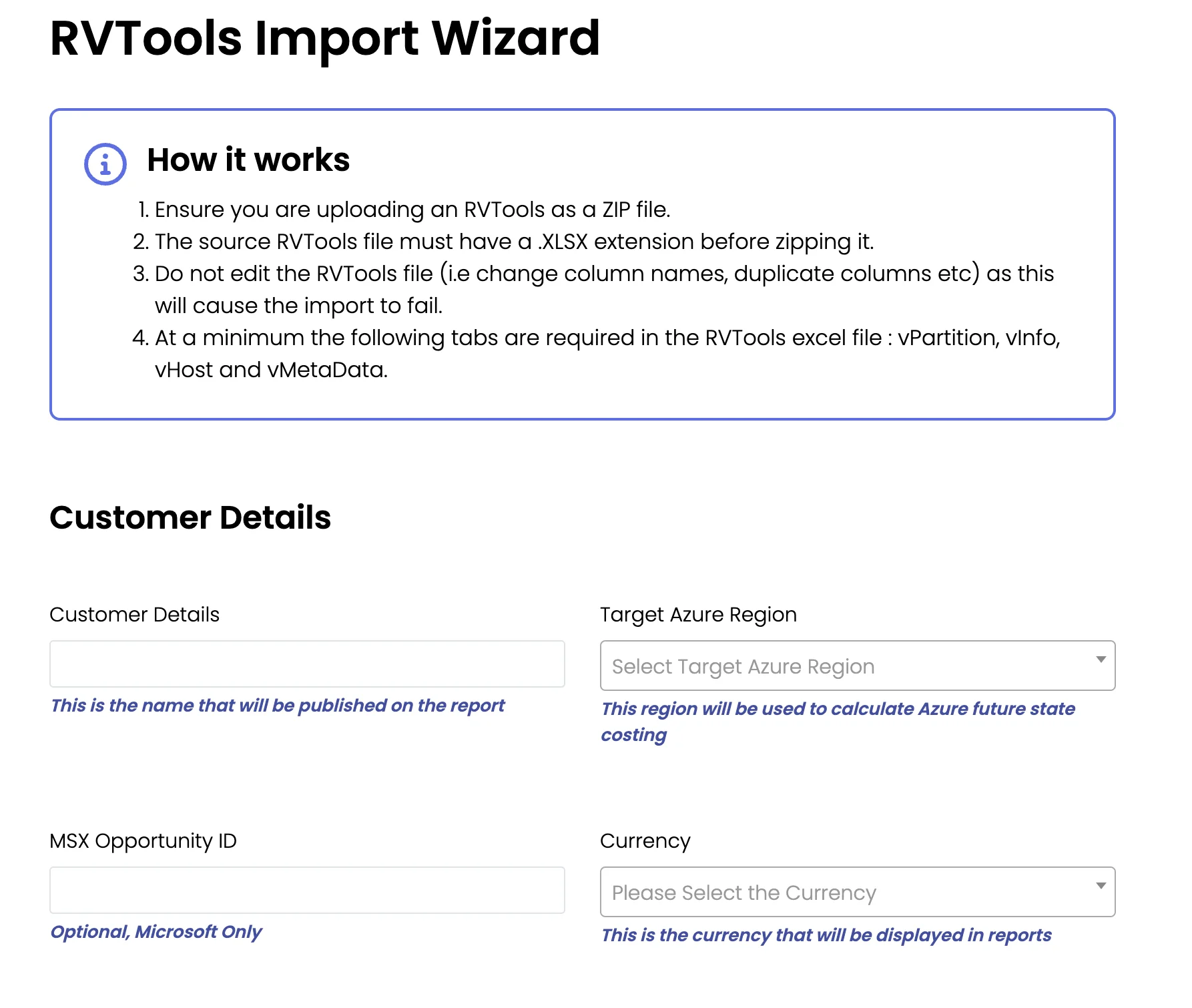 Customer details form with fields for customer name, target Azure region, currency, and MSX Opportunity ID