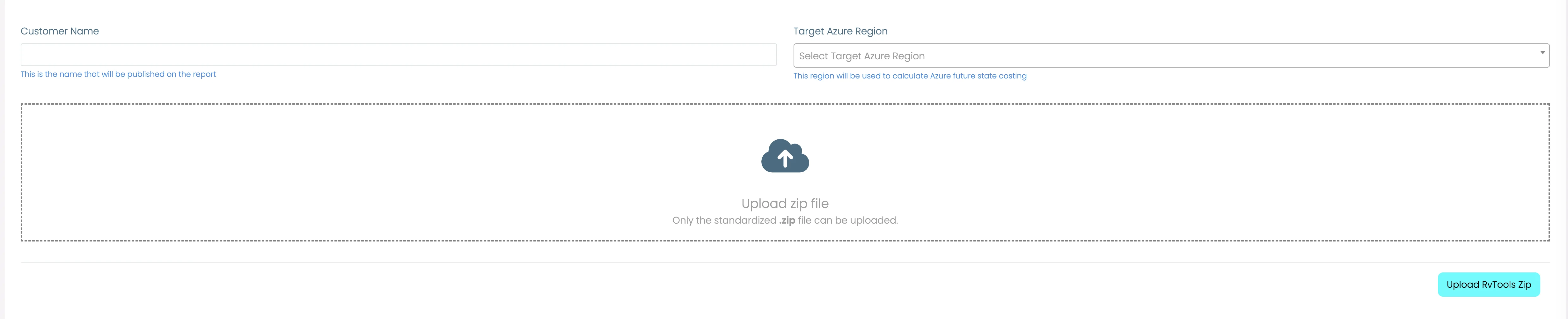 RVTools file upload interface with upload button and file selection area