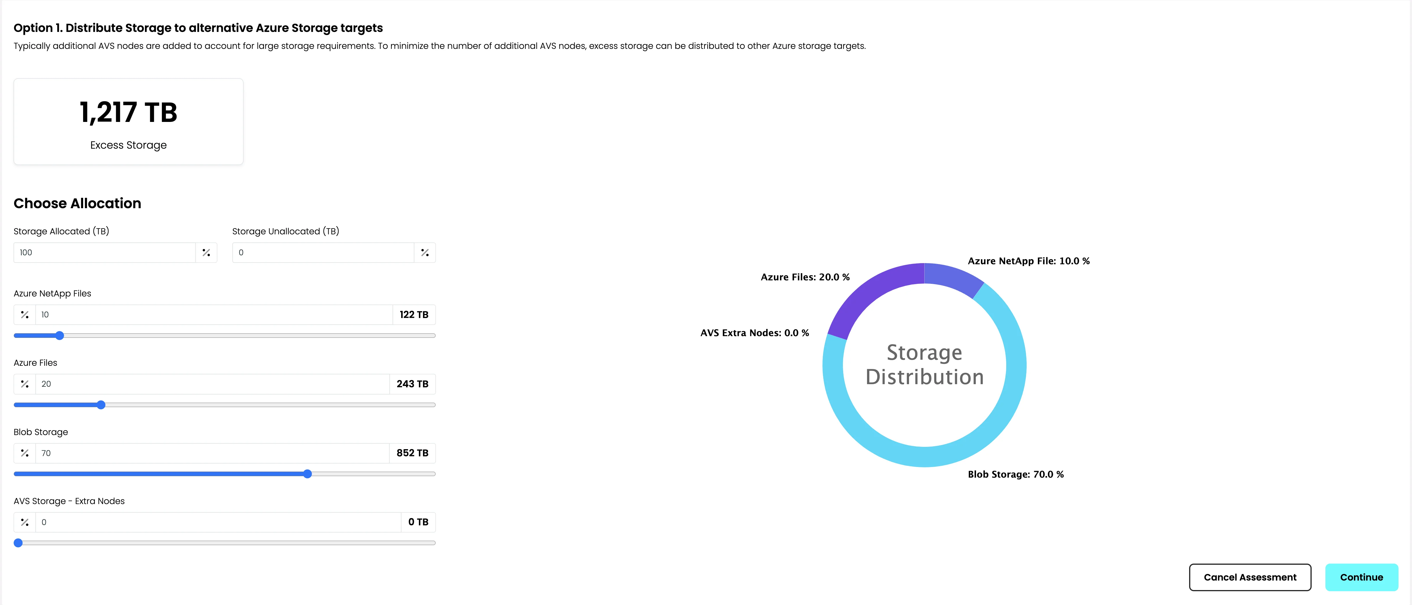 Storage distribution interface with sliders for Azure NetApp Files, Azure Files, Blob Storage, and AVS Nodes