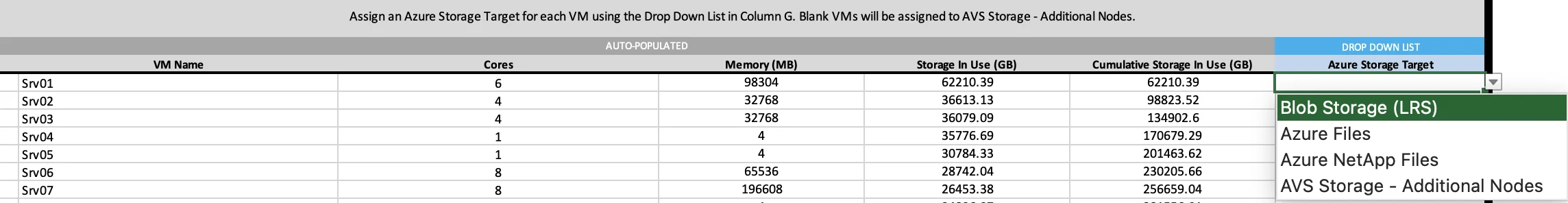 Excel workbook with dropdown menus for assigning preferred storage targets to servers
