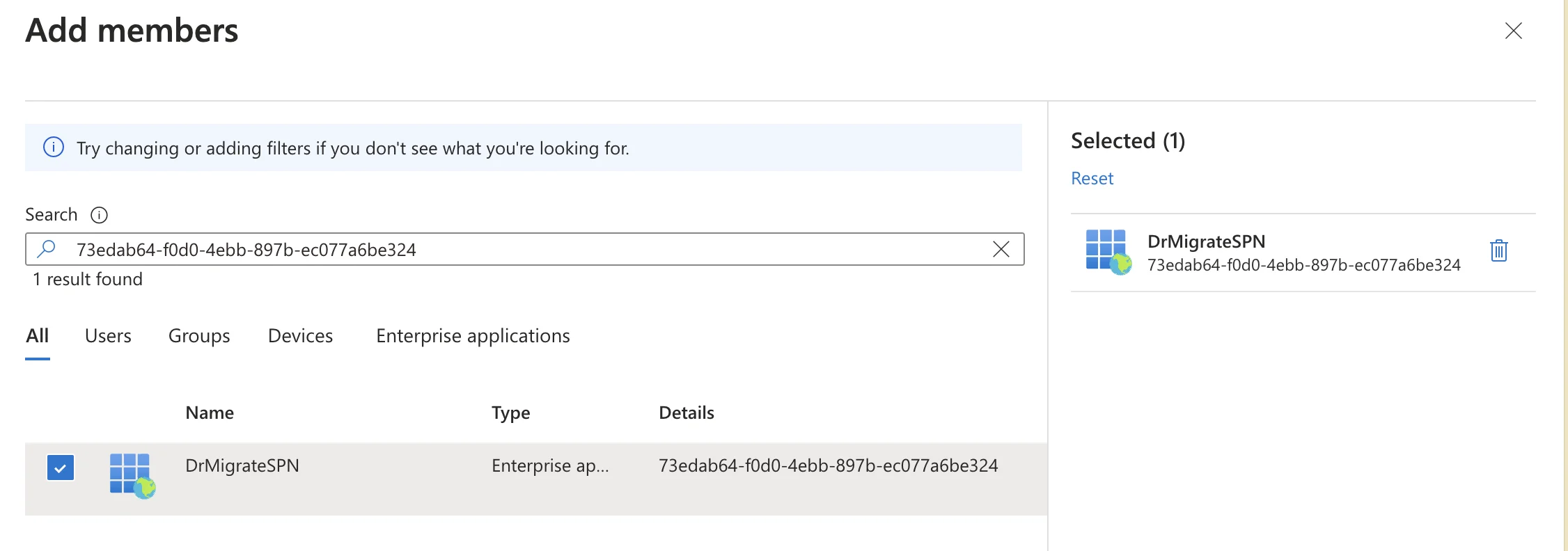 Adding service principal to security group