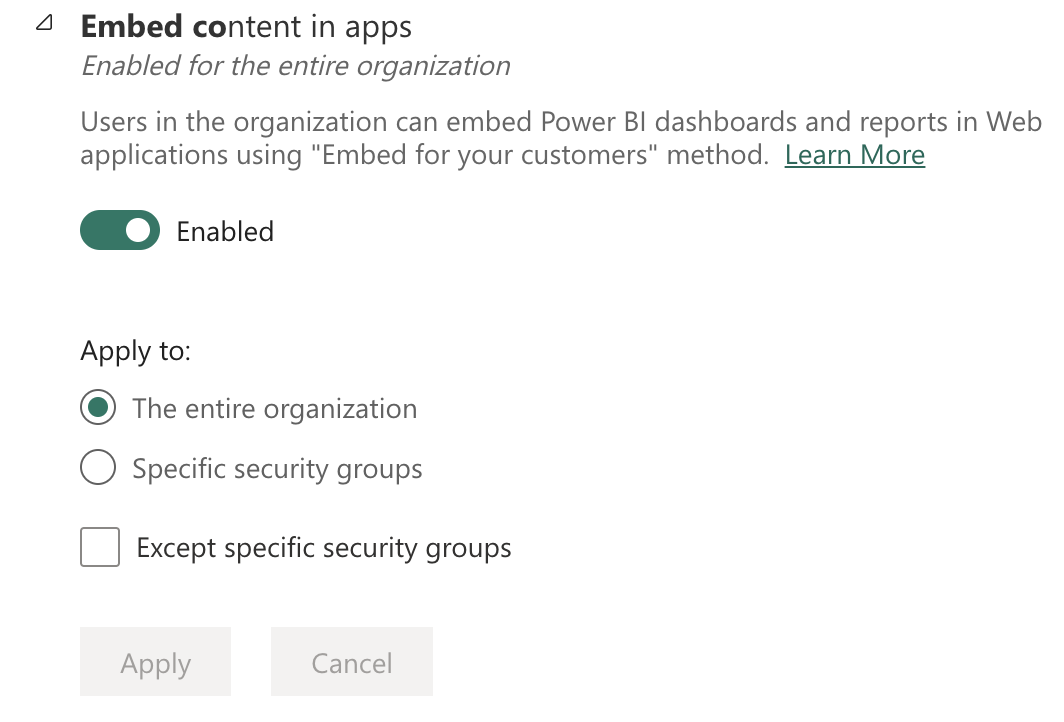 Power BI embed content settings