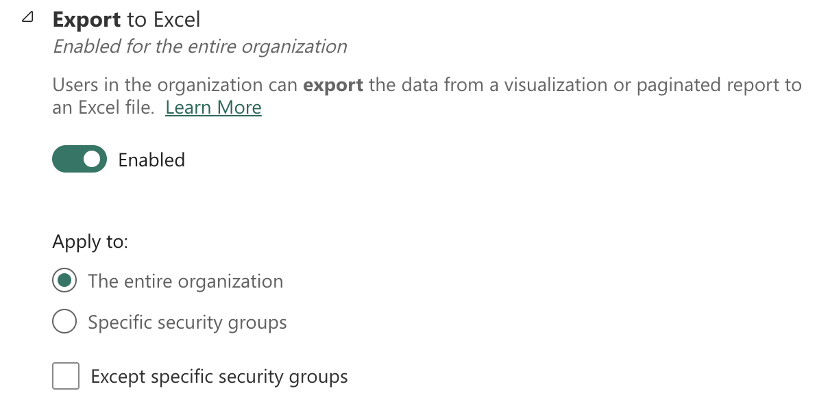 Power BI Excel export settings