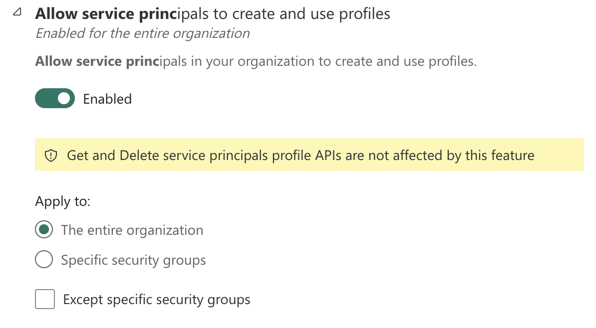 Power BI service principal profiles settings