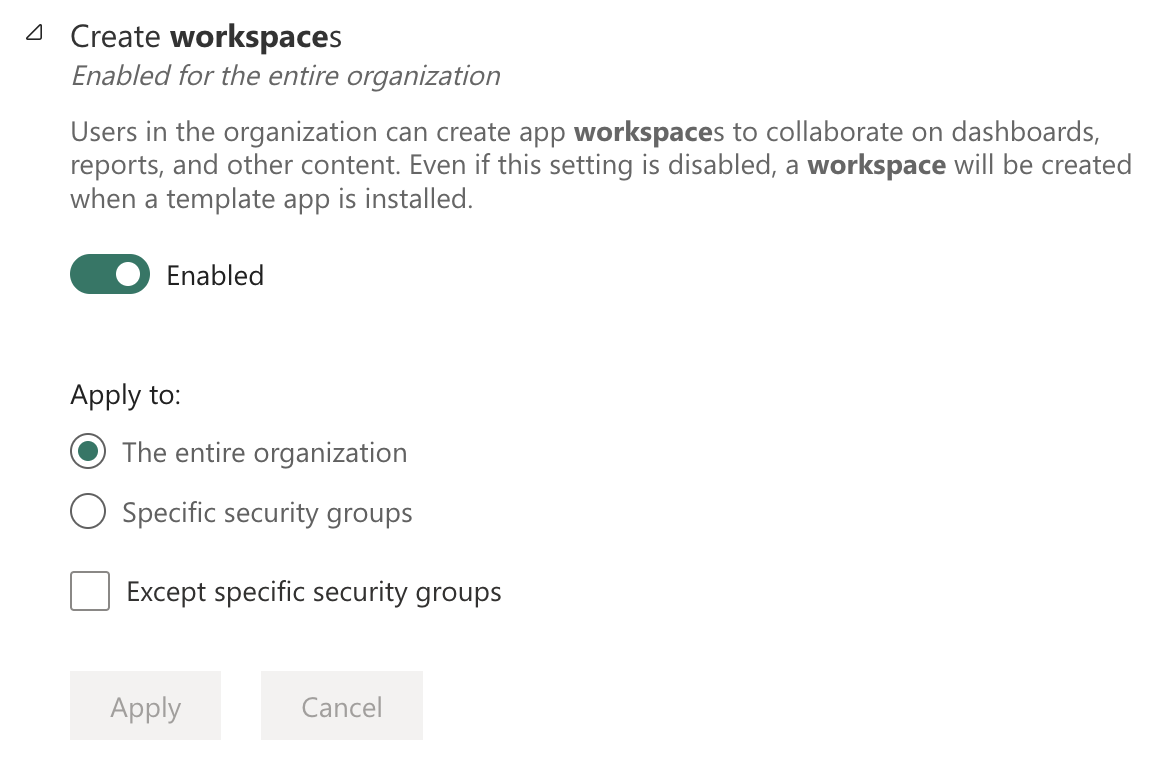 Power BI workspace settings
