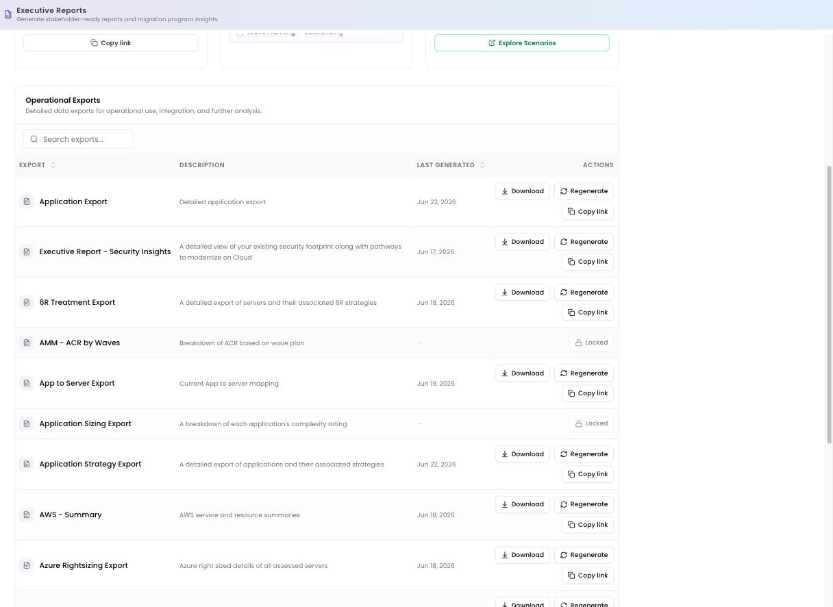 The Operational Exports list under Executive Reports, where the Azure Rightsizing export is generated and downloaded.