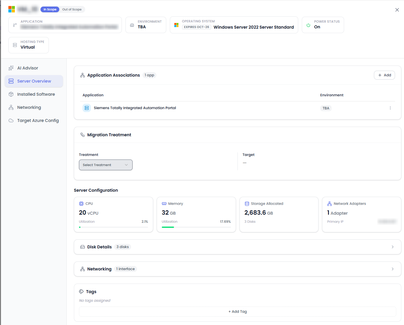 A server's detail view showing the In Scope / Out of Scope toggle at the top of the page.