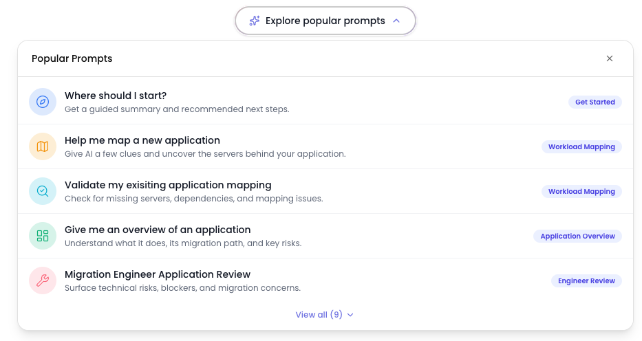 The Popular Prompts panel expanded below the Explore popular prompts button, listing prompts such as 'Where should I start?', 'Help me map a new application' and 'Migration Engineer Application Review', each with a scenario tag.