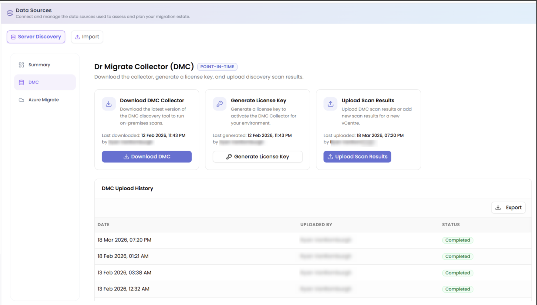 The DMC tab with the Download DMC, Generate License Key and Upload Scan Results actions and the DMC Upload History table.