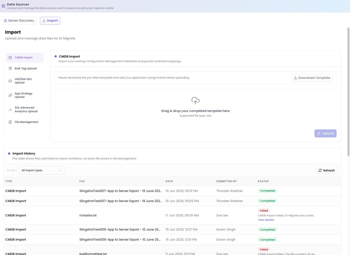The Import mode showing the CMDB Import, Bulk Tag Upload, VM/Disk SKU Upload and File Management sub-nav and the shared Import History table.