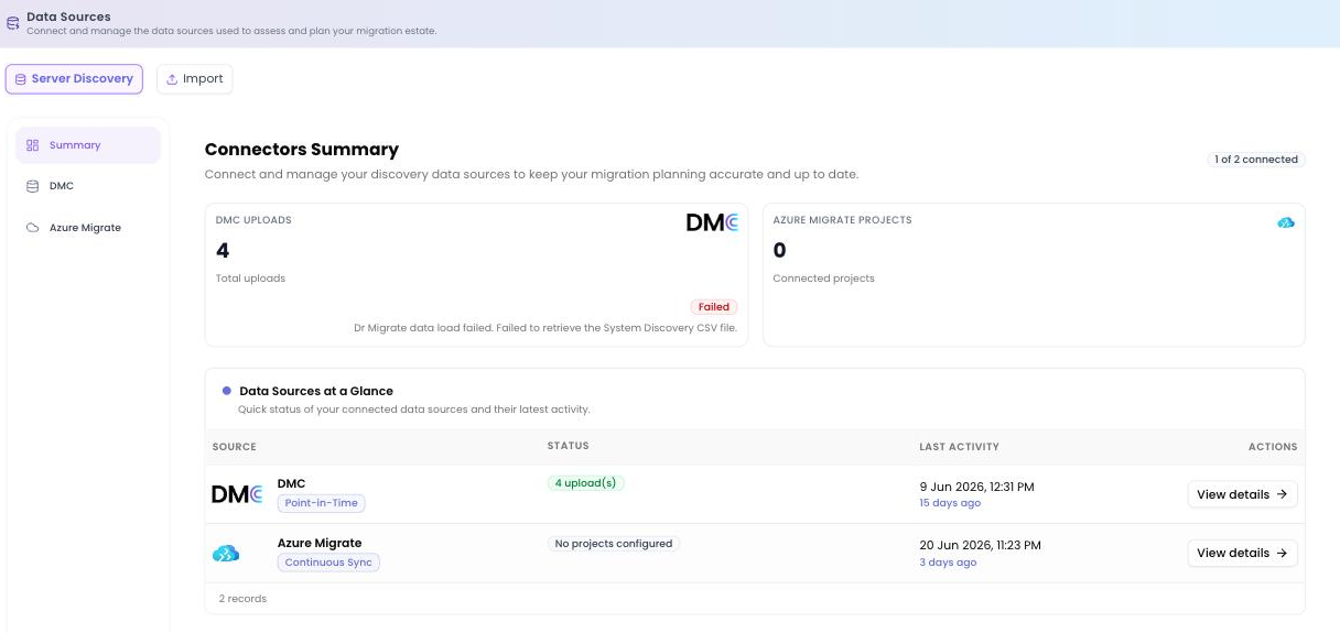 The Data Sources screen showing the Server Discovery Summary with the Connectors Summary cards and the 'Connected Data Sources' status table.