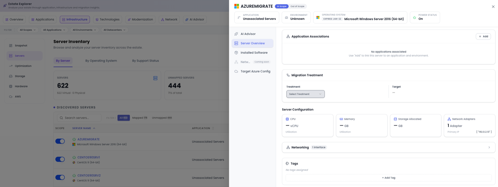 The Server Drawer showing left tabs for AI Advisor, Server Overview, Installed Software, Networking and Target Azure Config.