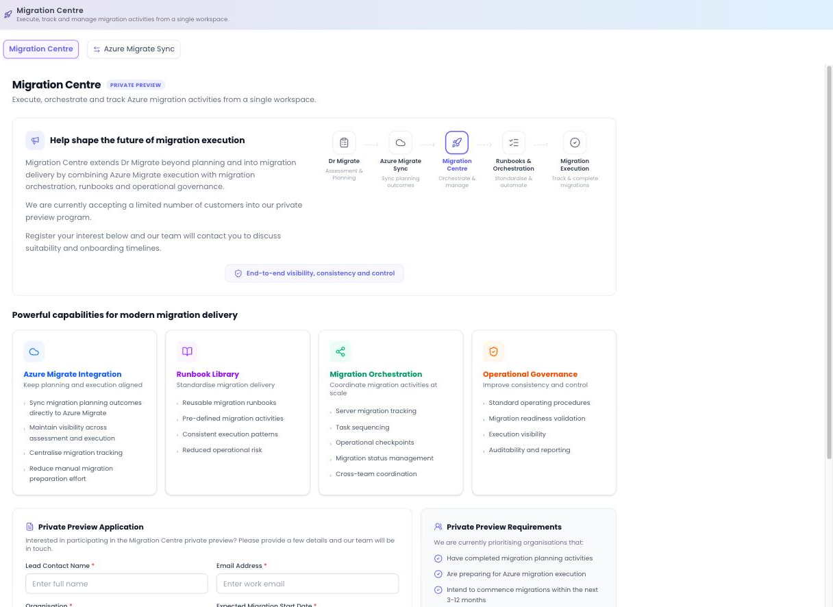 The Migration Centre private-preview screen showing Azure Migrate integration, runbooks, orchestration and operational governance, plus the register-interest option.