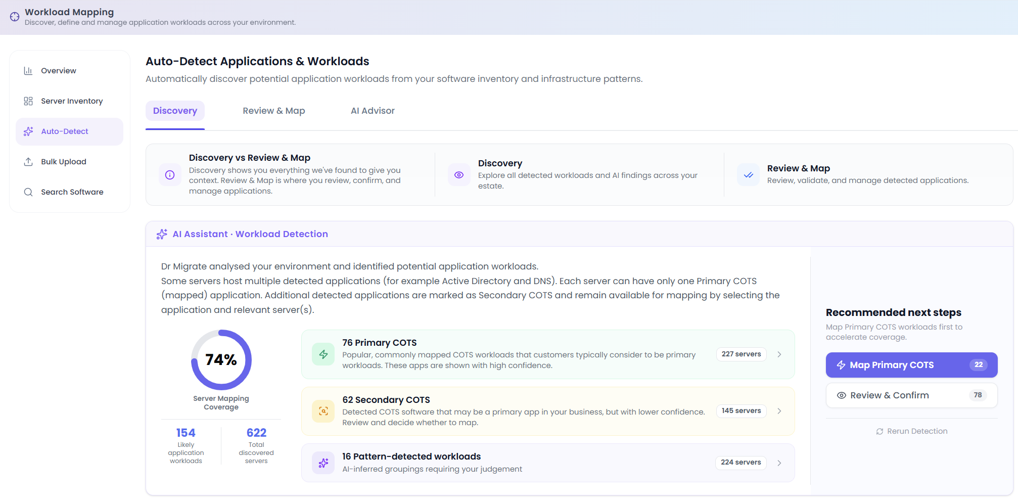 The Auto-Detect screen showing the AI Assistant · Workload Detection panel with Server Mapping Coverage and the three confidence buckets.