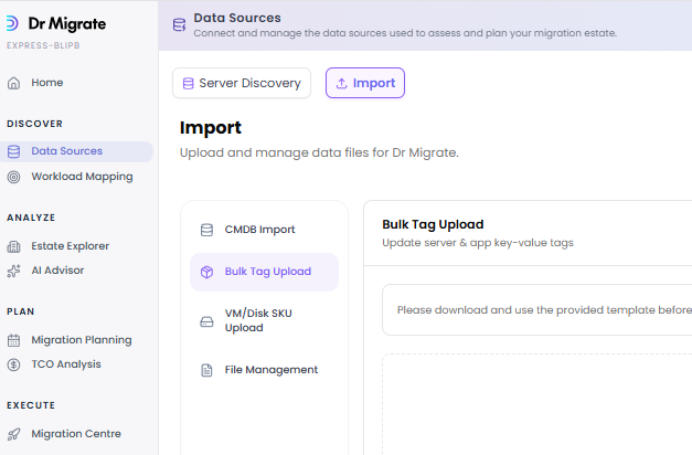Data Sources Bulk Tag Upload navigation